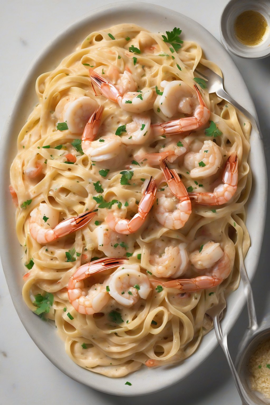A high-resolution photo of creamy sauce brimming with shrimp, scallops, and crab on linguine, under soft lighting.