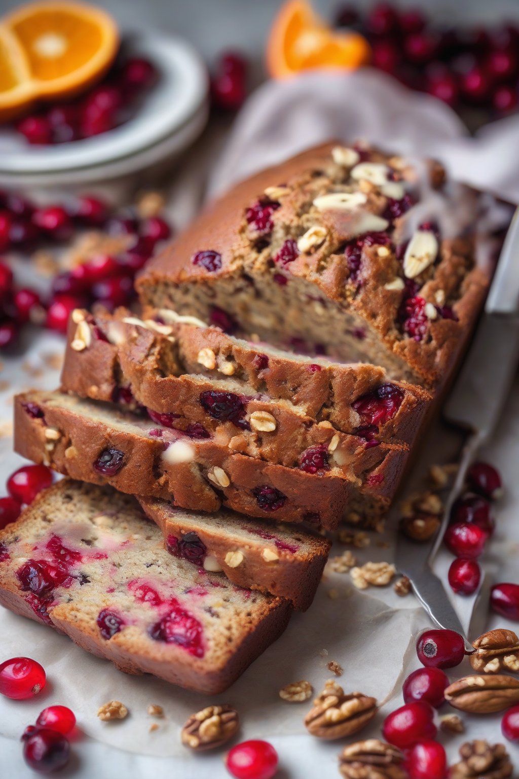 A high-resolution photo of cranberry orange walnut banana nut bread sliced to show red berries and orange flecks, under soft lighting.