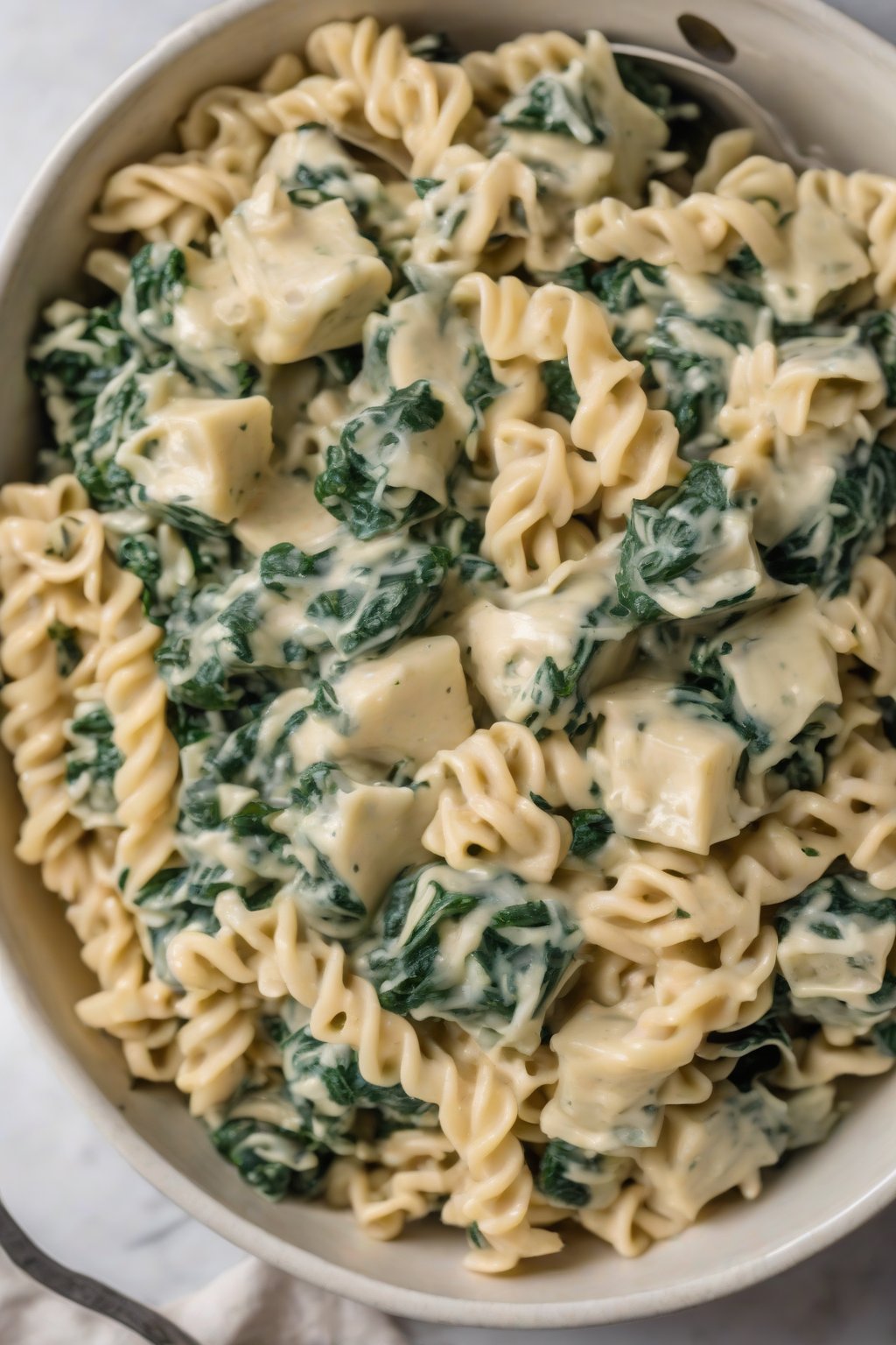 A high-resolution photo of green spinach and artichoke chunks in Alfredo over rotini, under soft lighting.
