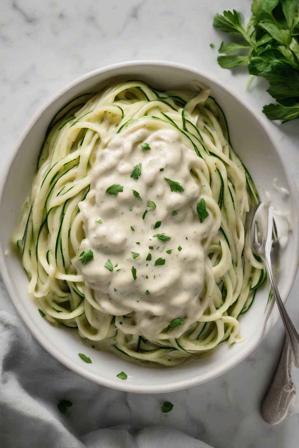 A high-resolution photo of lighter Alfredo sauce glistening on zucchini noodles, under soft lighting.
