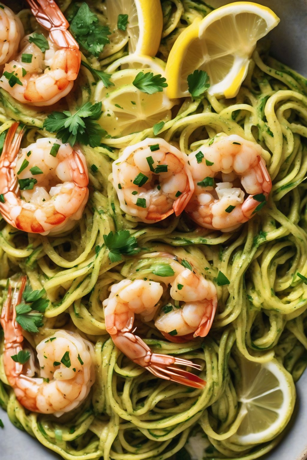 A high-resolution photo of garlic butter shrimp over zucchini noodles, garnished with parsley and lemon wedges, under soft lighting.