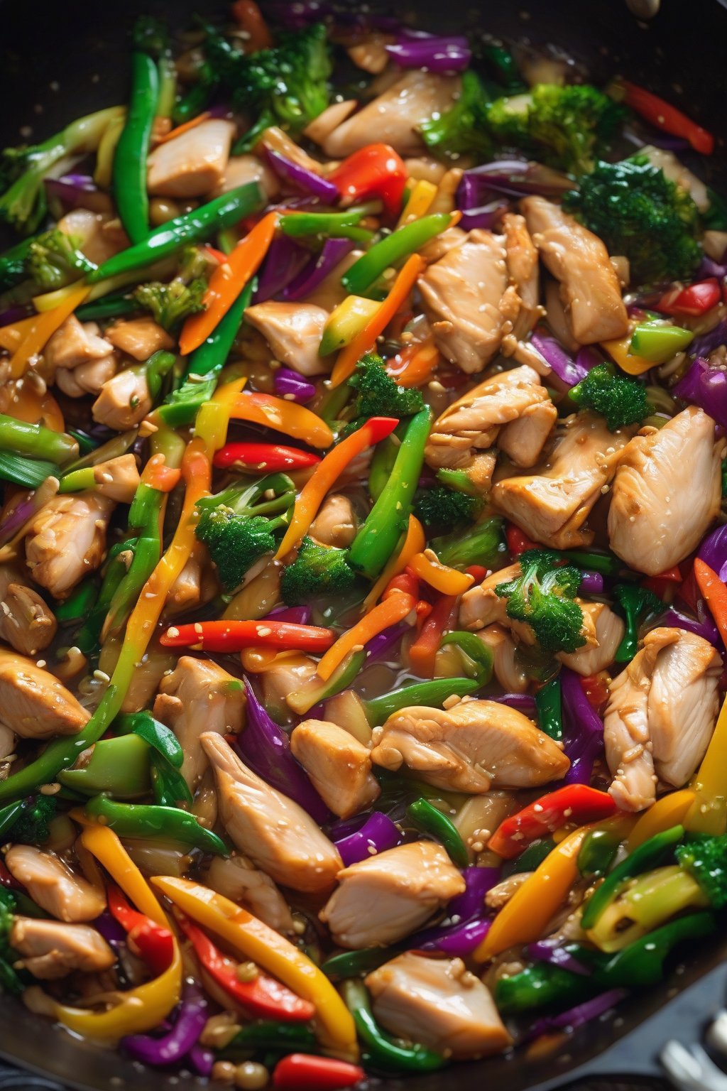 A high-resolution photo of vibrant chicken stir-fry with colorful veggies in a wok, steam rising, under soft lighting.