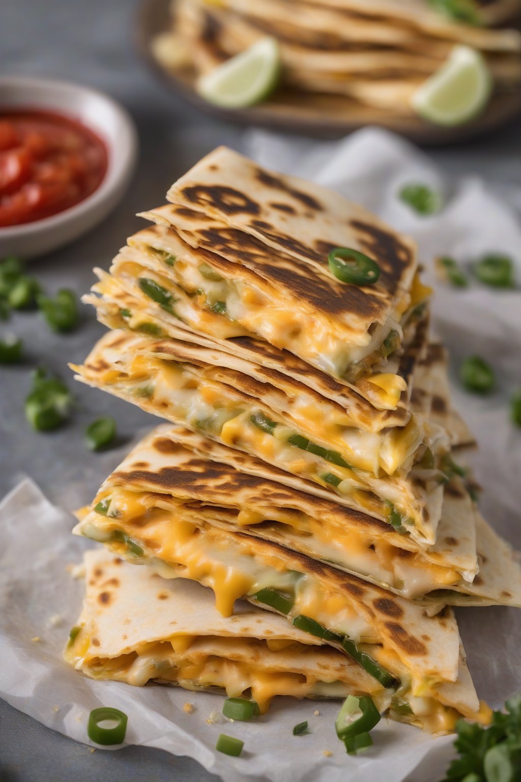 A high-resolution photo of golden cheesy veggie quesadillas sliced open, oozing cheese, under soft lighting.