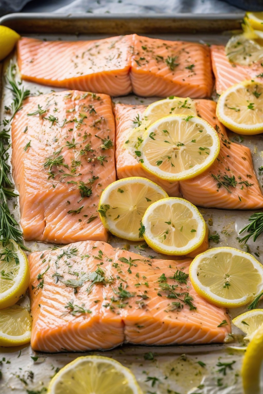 A high-resolution photo of flaky lemon herb salmon fillets on a baking sheet, bright lemon slices nearby, under soft lighting.
