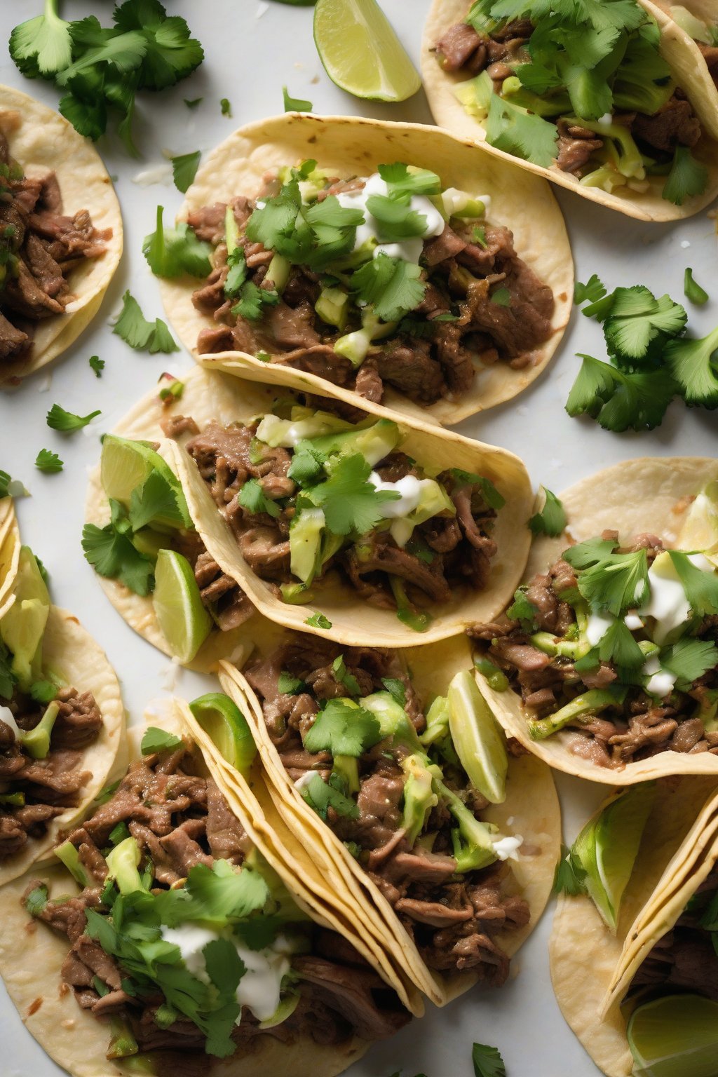 A high-resolution photo of beef and broccoli tacos in soft shells, topped with fresh cilantro, under soft lighting.