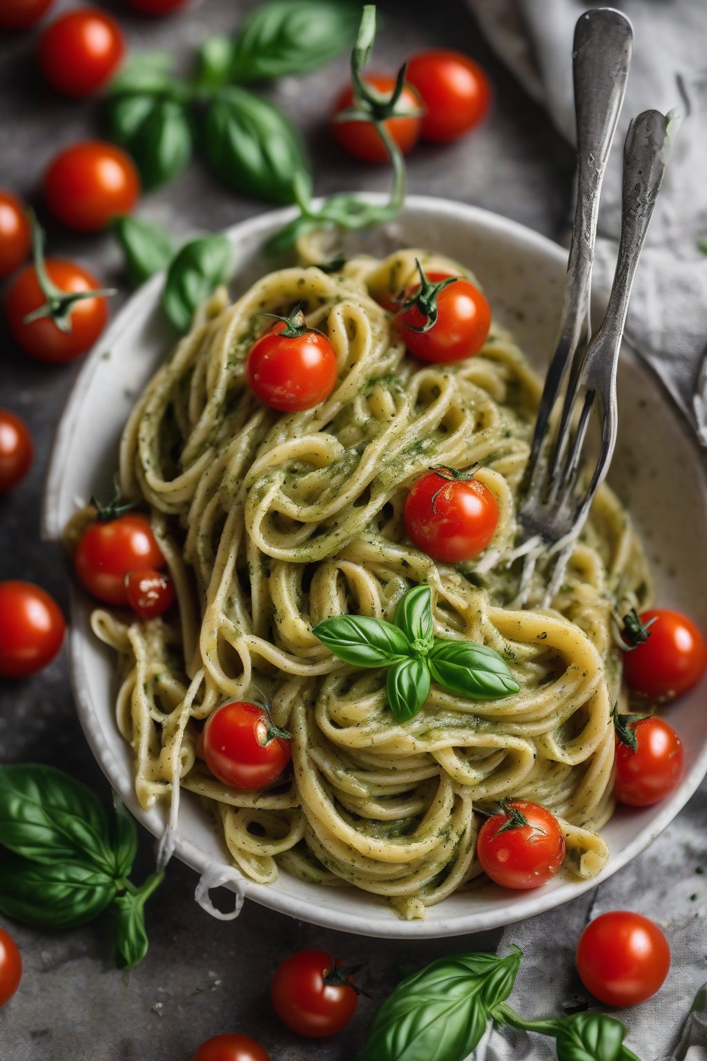 A high-resolution photo of pesto pasta swirled on a fork with cherry tomatoes, under soft lighting.