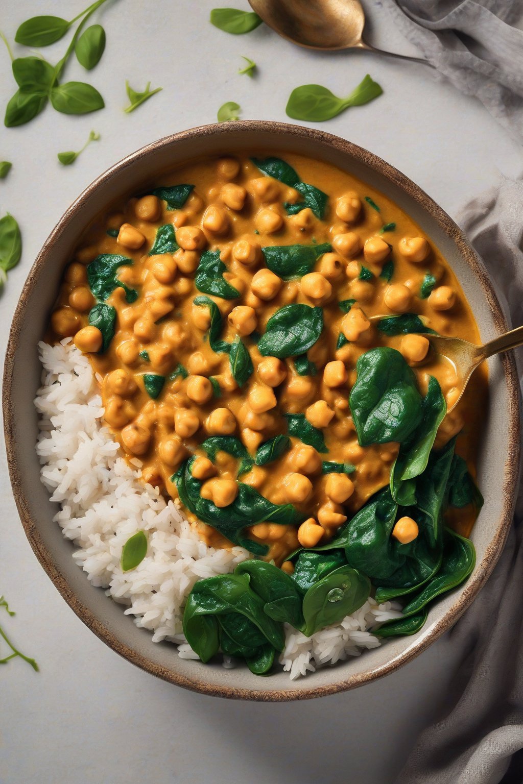A high-resolution photo of creamy chickpea curry in a bowl with spinach and rice, under soft lighting.