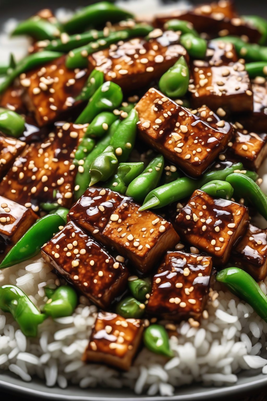 A high-resolution photo of glazed teriyaki tofu with snap peas over rice, sesame seeds sprinkled, under soft lighting.