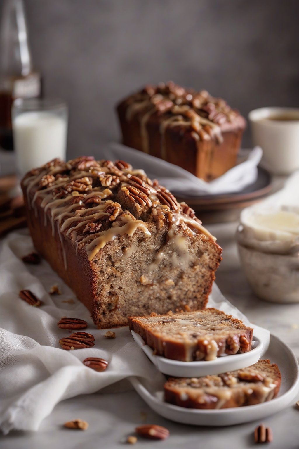 A high-resolution photo of maple pecan banana nut bread drizzled with bourbon glaze and pecan topping, under soft lighting.