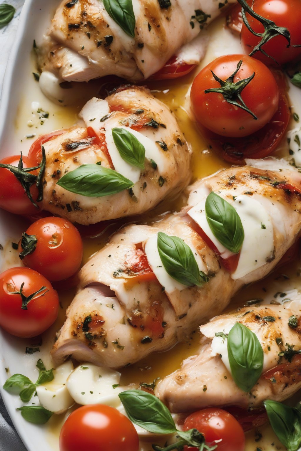 A high-resolution photo of sliced caprese stuffed chicken revealing melty mozzarella and tomatoes, under soft lighting.