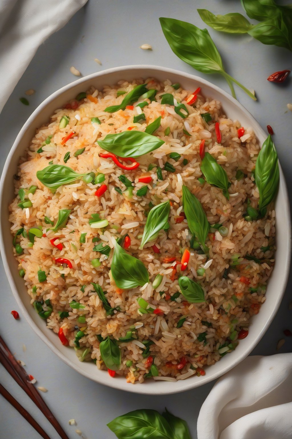 A high-resolution photo of steaming Thai basil fried rice with basil flecks and chili, under soft lighting.