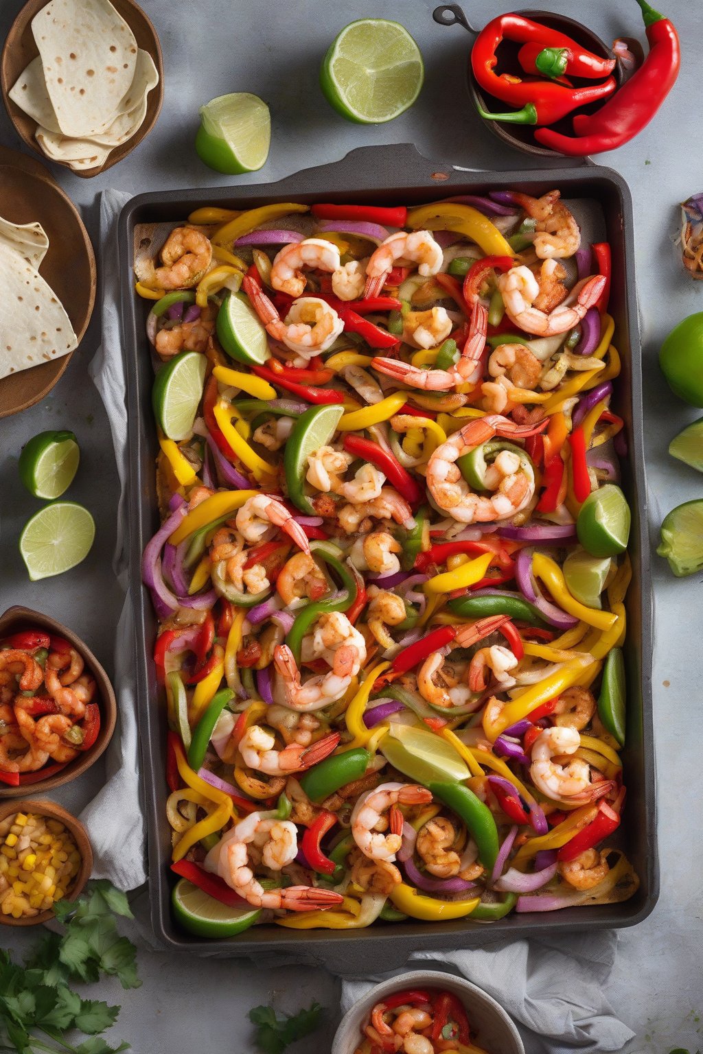 A high-resolution photo of colorful sheet pan fajitas with peppers and shrimp, tortillas on side, under soft lighting.