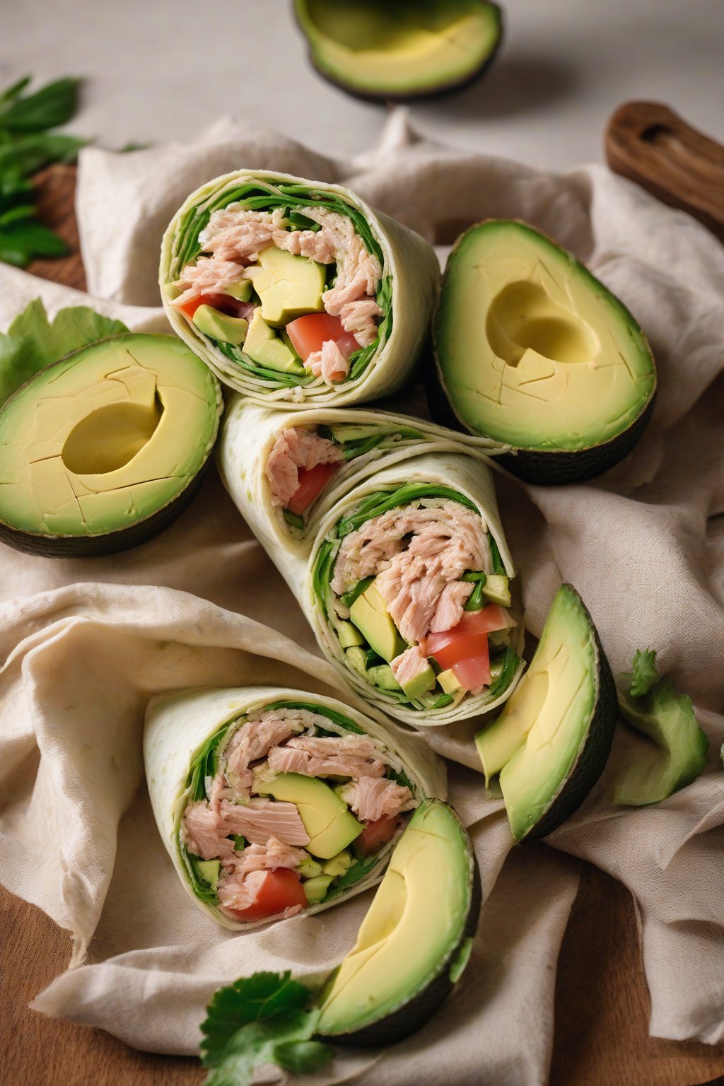 A high-resolution photo of fresh avocado tuna wraps sliced to show filling, under soft lighting.