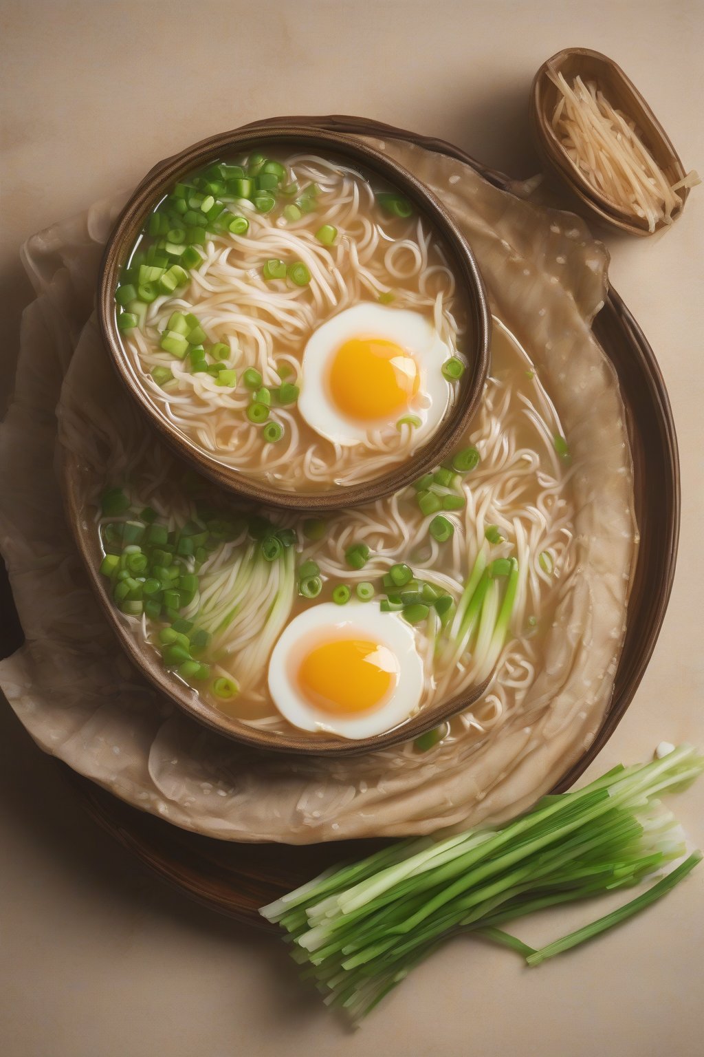 A high-resolution photo of steaming egg drop miso noodle soup with wispy eggs and green onions, under soft lighting.