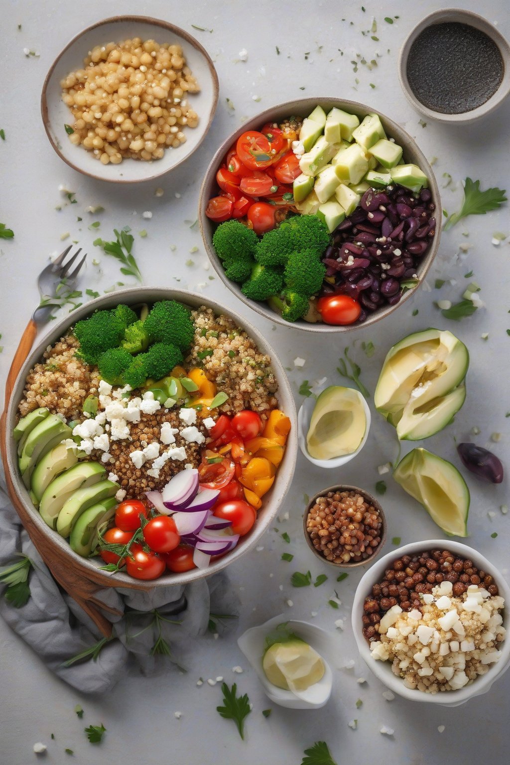 A high-resolution photo of vibrant Mediterranean quinoa bowl with feta crumbles and veggies, under soft lighting.