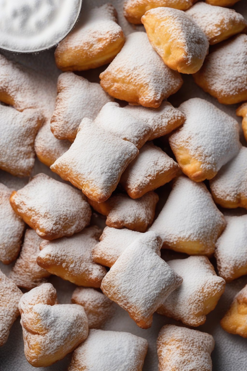 A high-resolution photo of golden fried classic powdered beignets piled high with snowy powdered sugar under soft lighting.