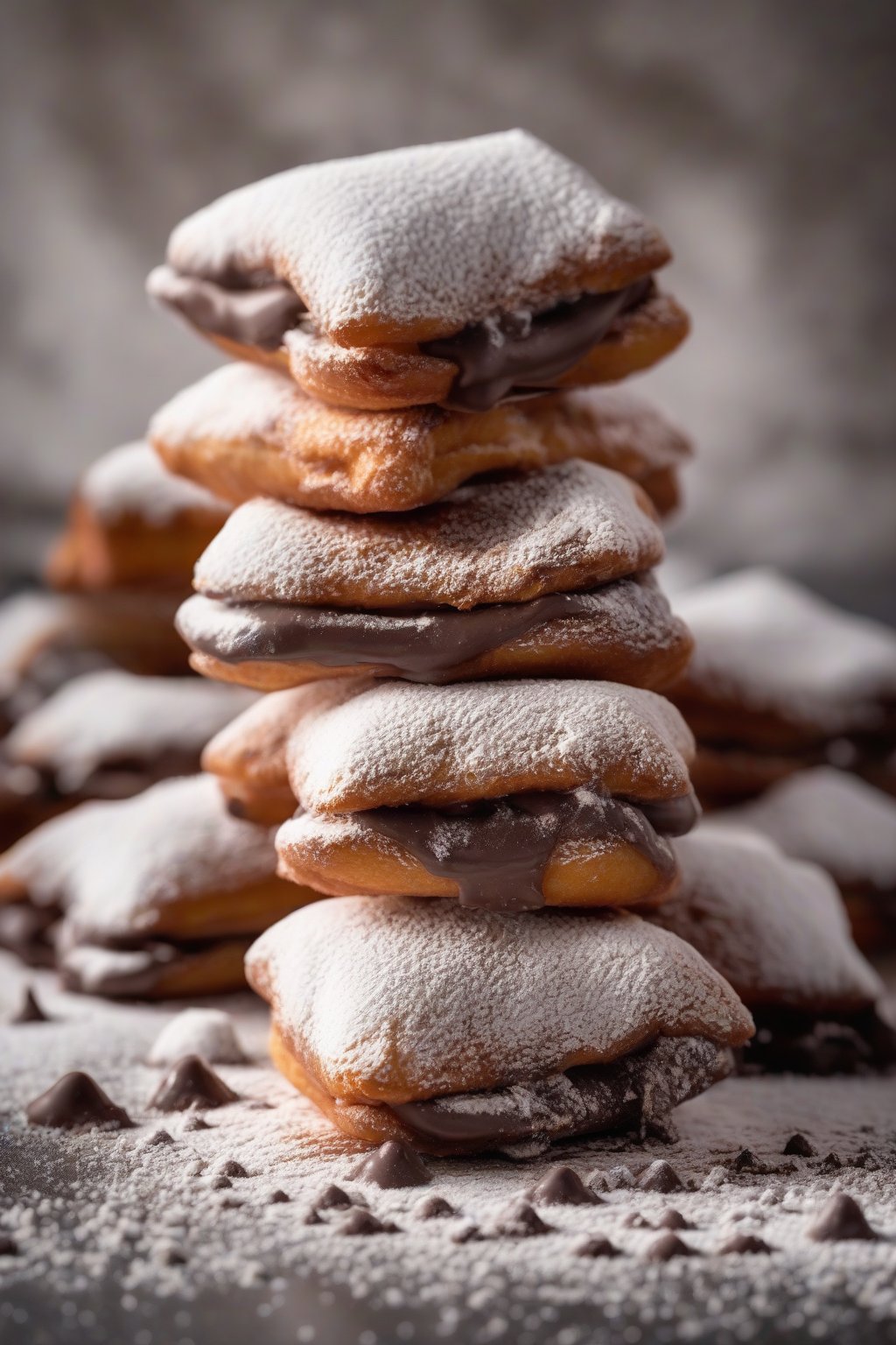 A high-resolution photo of chocolate-filled powdered beignets with melted chocolate peeking out, dusted in powdered sugar under soft lighting.