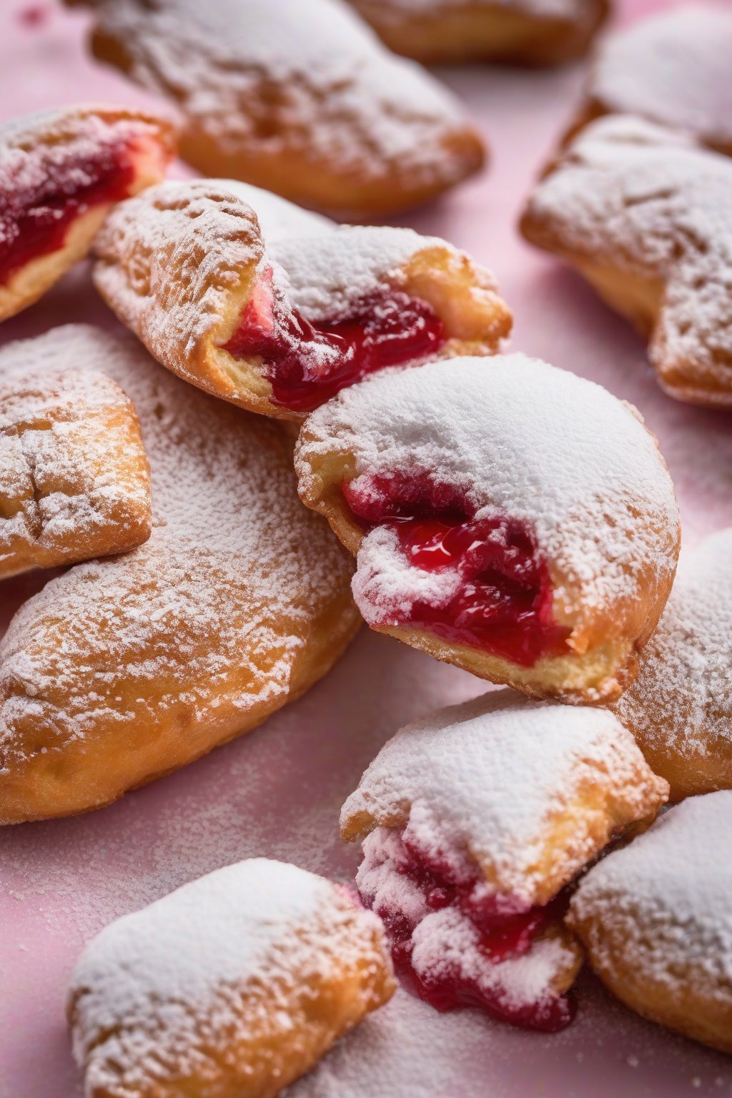 A high-resolution photo of strawberry jam stuffed powdered beignets sliced open to show pink filling, under heavy powdered sugar and soft lighting.