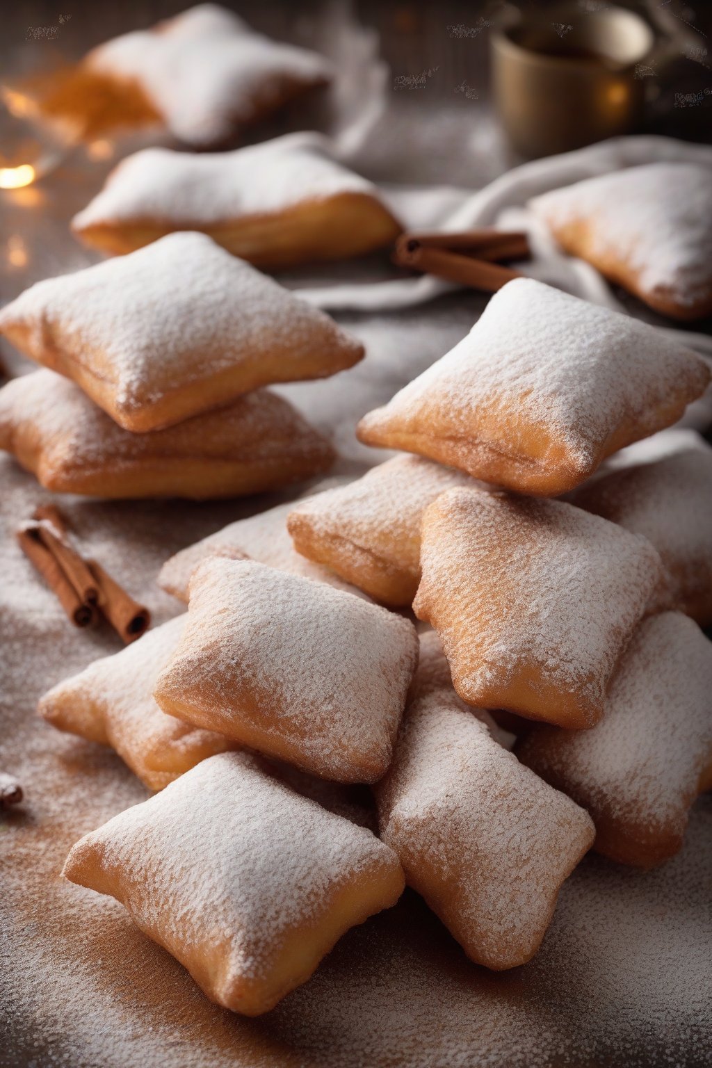 A high-resolution photo of cinnamon spice powdered beignets with a warm golden hue, blanketed in spiced powdered sugar under soft lighting.