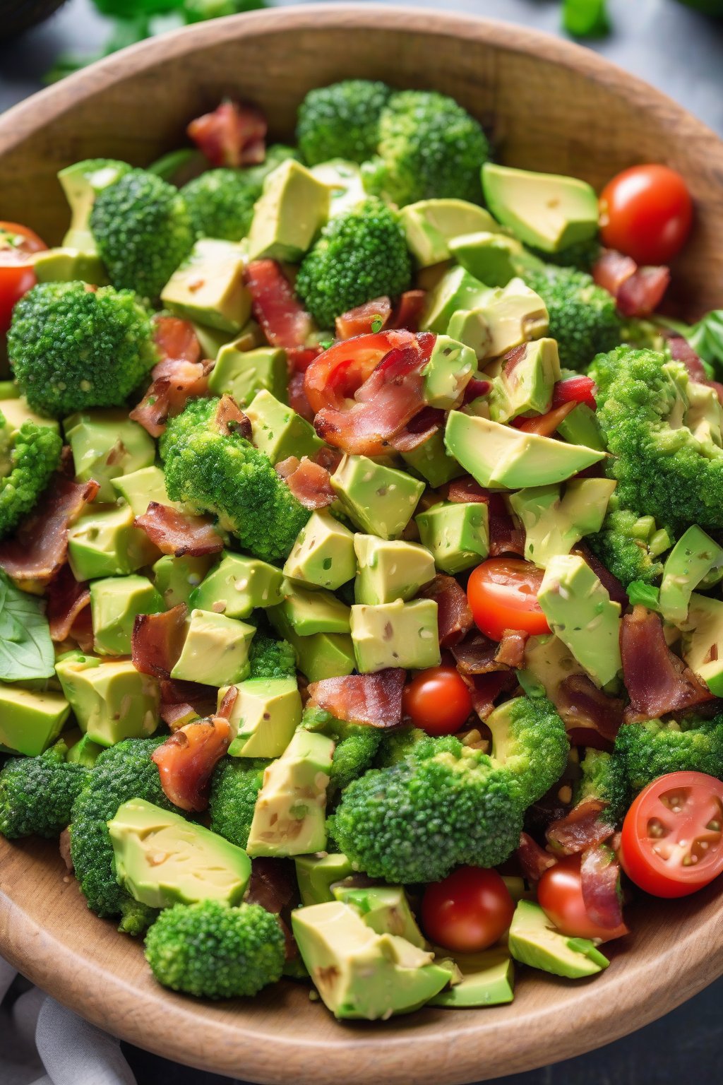 A high-resolution photo of avocado bacon broccoli salad with green avocado chunks and tomatoes, in a vibrant bowl, under soft lighting.