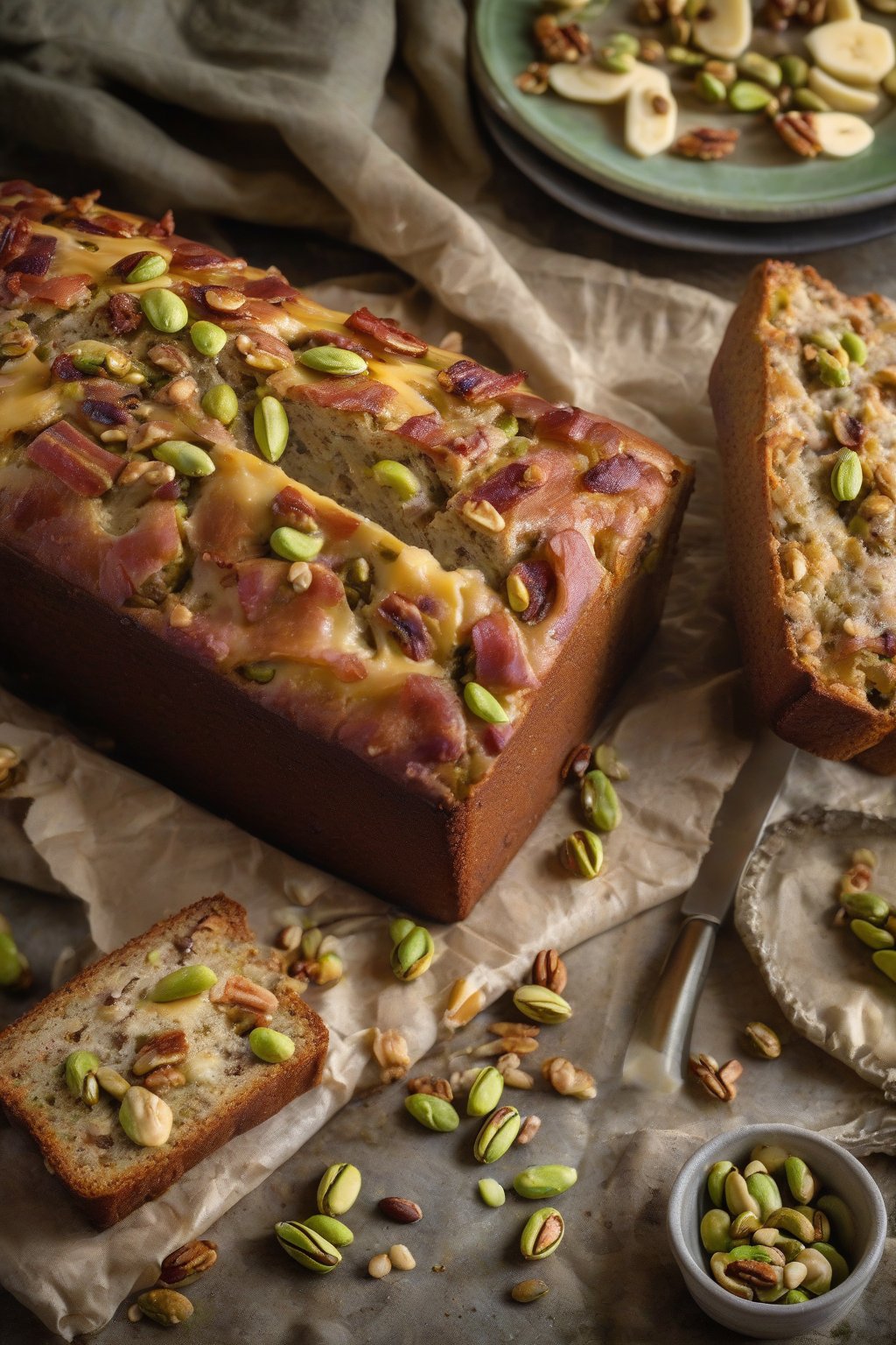 A high-resolution photo of savory cheddar bacon banana nut bread with melted cheese pulls and green pistachios, under soft lighting.