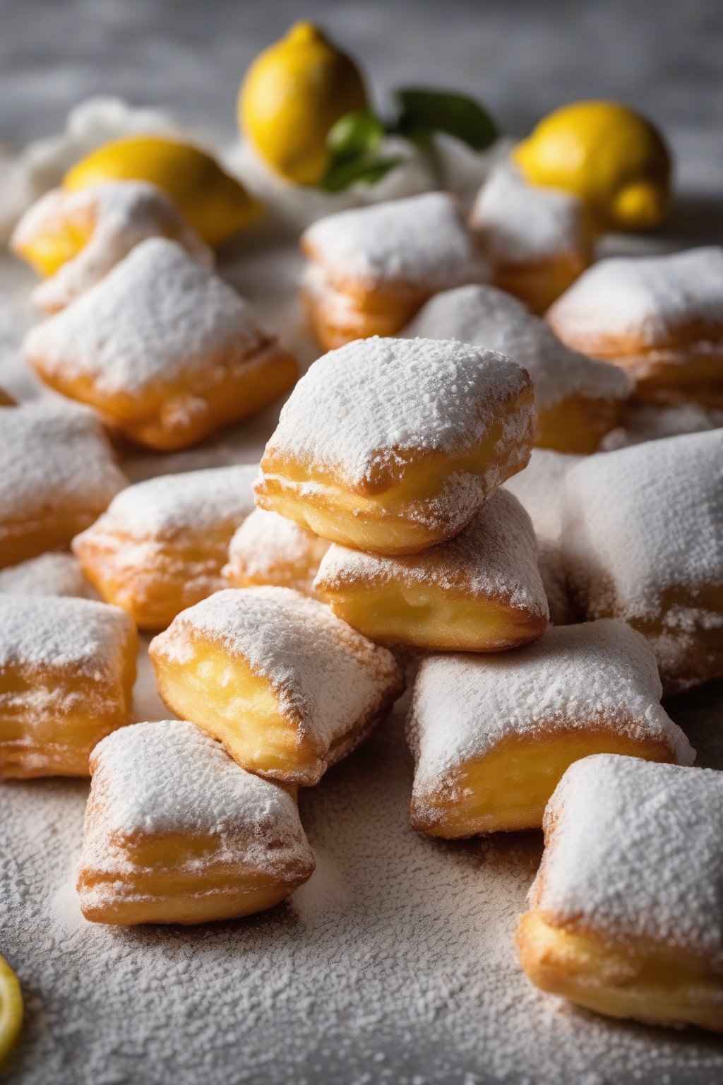 A high-resolution photo of lemon zest powdered beignets garnished with zest flecks amid thick powdered sugar under soft lighting.
