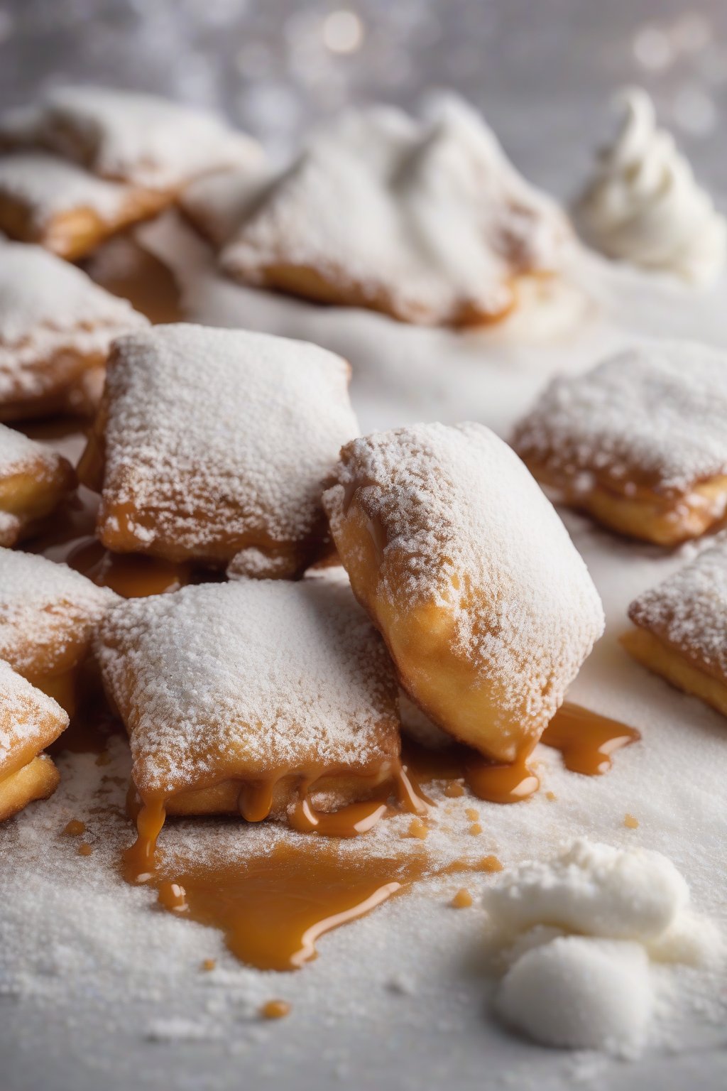 A high-resolution photo of banana foster powdered beignets with caramel hints peeking through sugar snow under soft lighting.