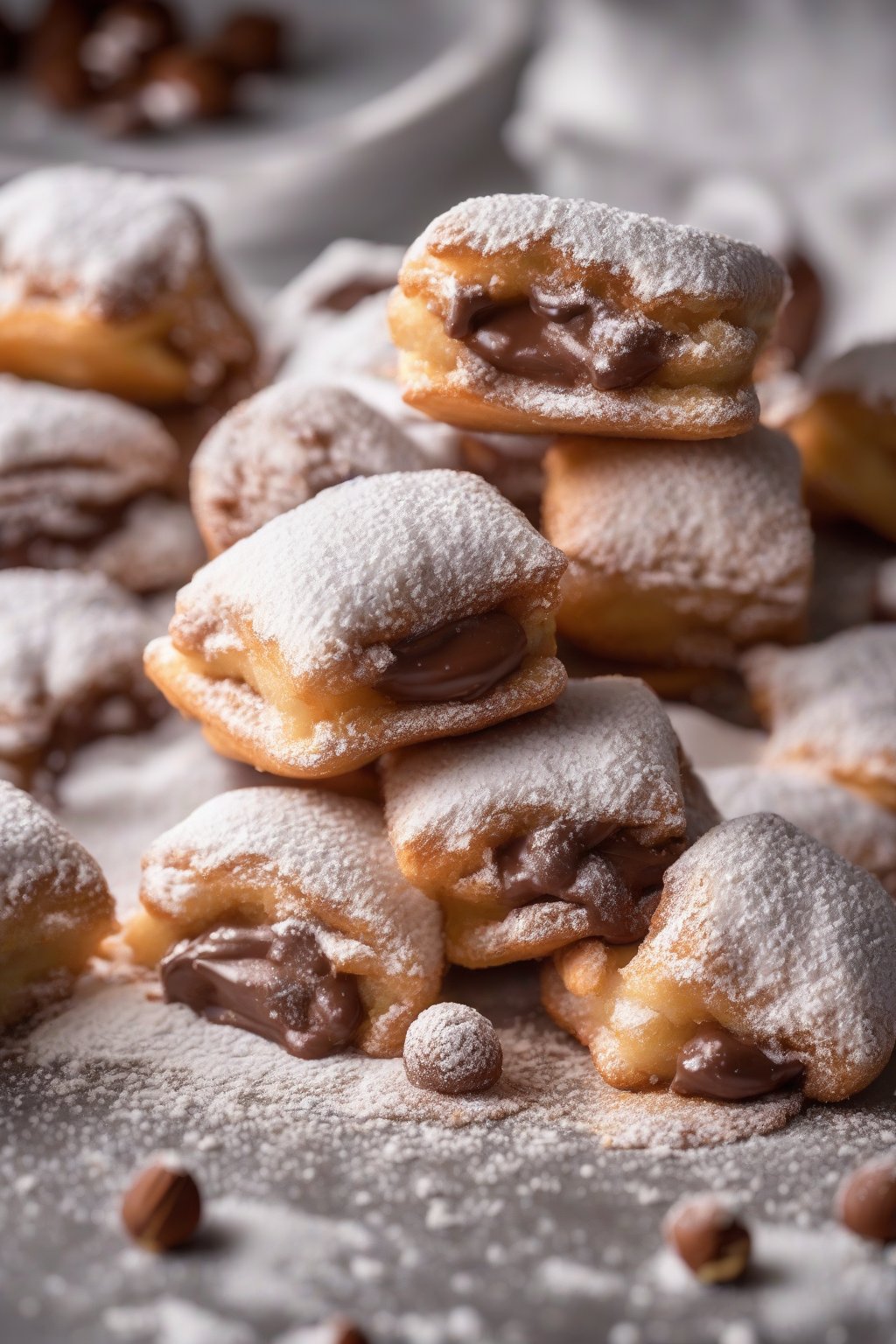 A high-resolution photo of Nutella swirled powdered beignets cut to reveal hazelnut layers under powdered sugar veil and soft lighting.