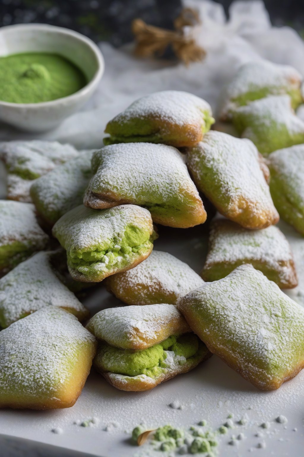 A high-resolution photo of vibrant green matcha powdered beignets dusted with white powdered sugar under soft lighting.