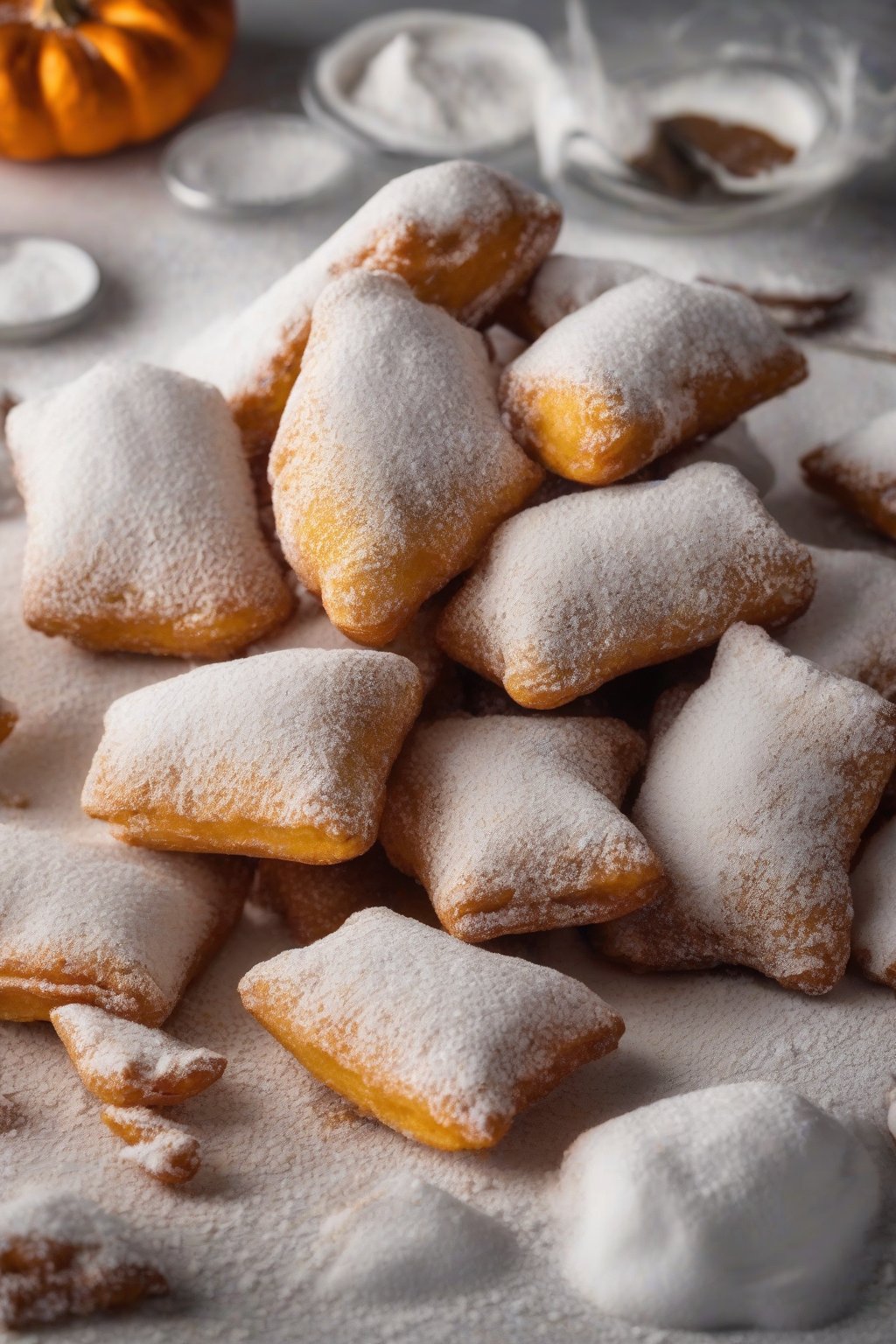 A high-resolution photo of pumpkin spice powdered beignets with orange flecks visible through powdered sugar under soft lighting.
