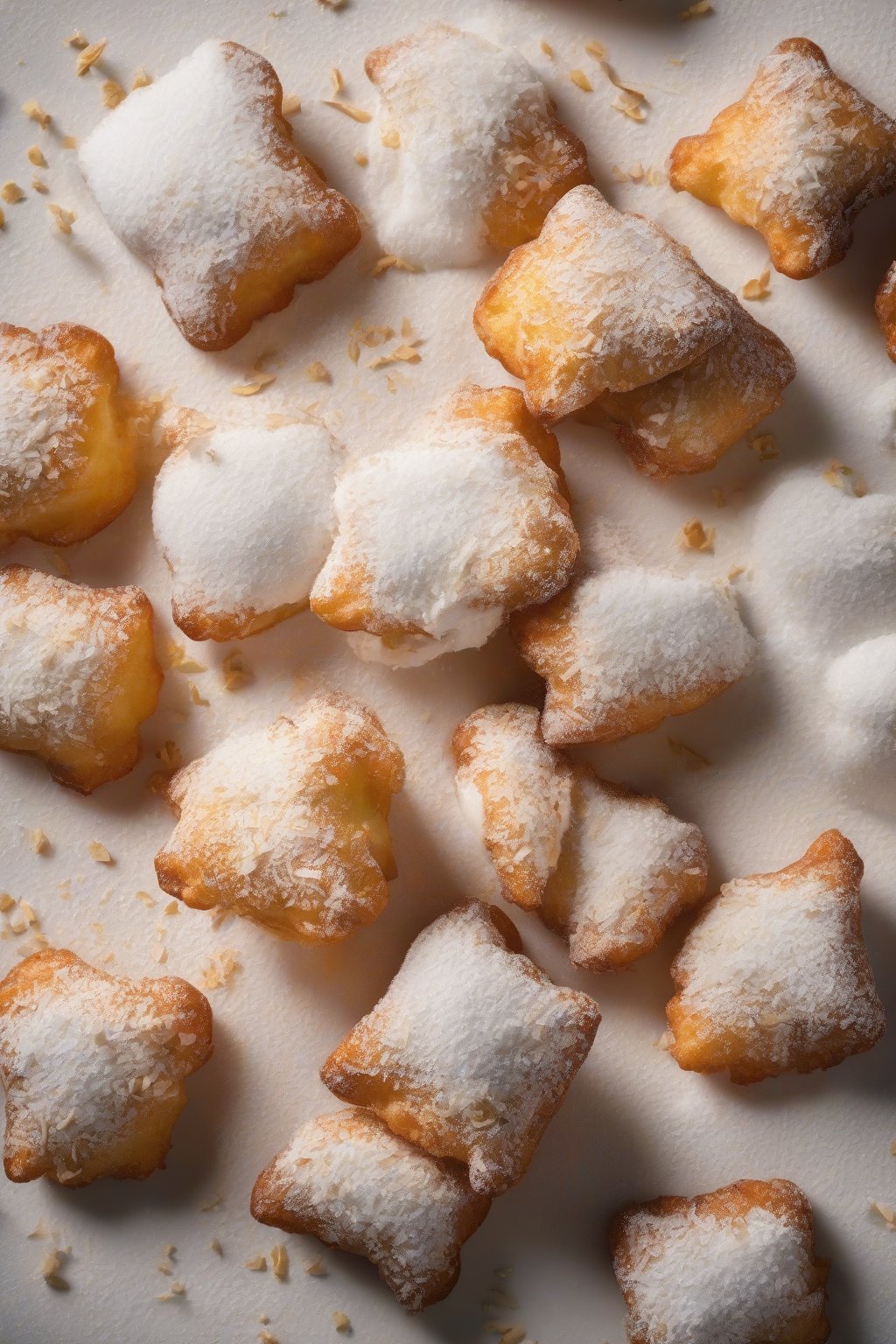 A high-resolution photo of coconut cream powdered beignets sprinkled with toasted flakes amid sugar under soft lighting.