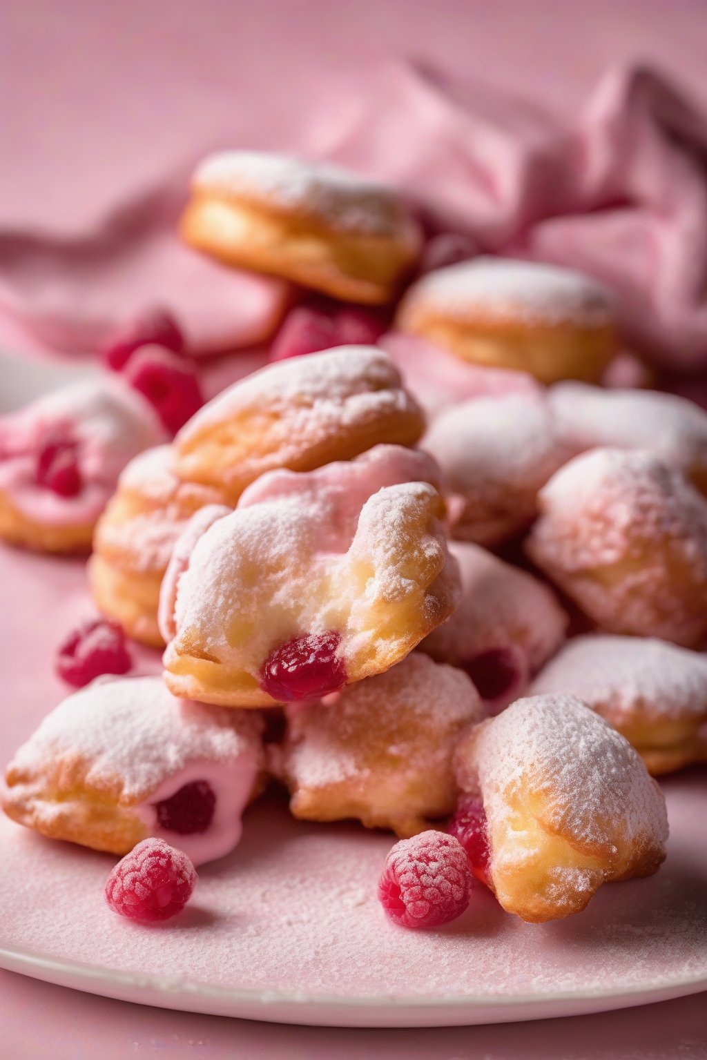 A high-resolution photo of raspberry white chocolate powdered beignets oozing pink filling under soft lighting.