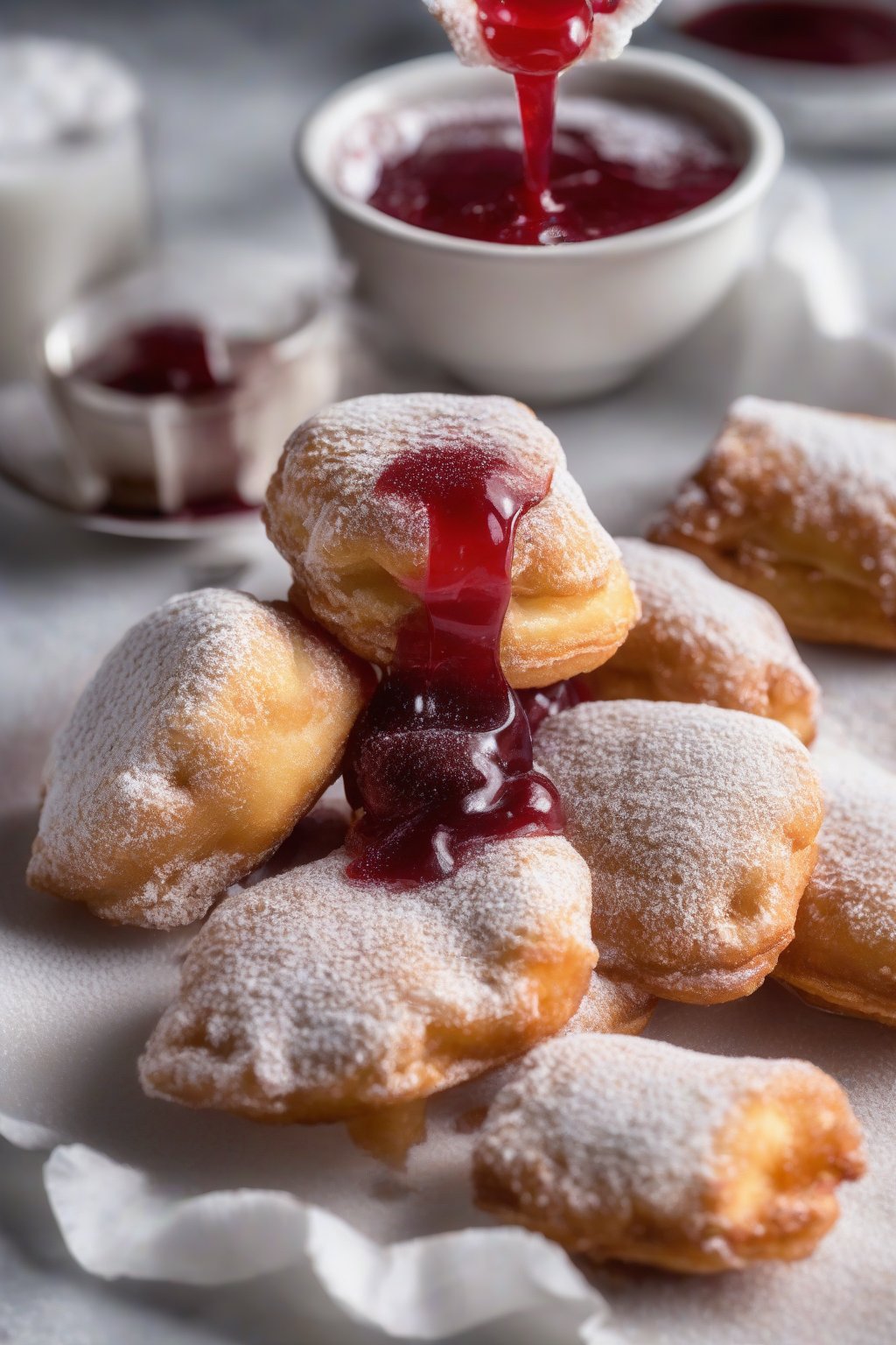 A high-resolution photo of PB&J powdered beignets with jelly drip through sugar dusting under soft lighting.