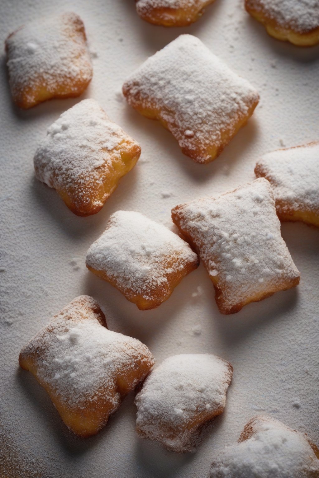 A high-resolution photo of apple cider powdered beignets with subtle fruit specks in sugar snow under soft lighting.