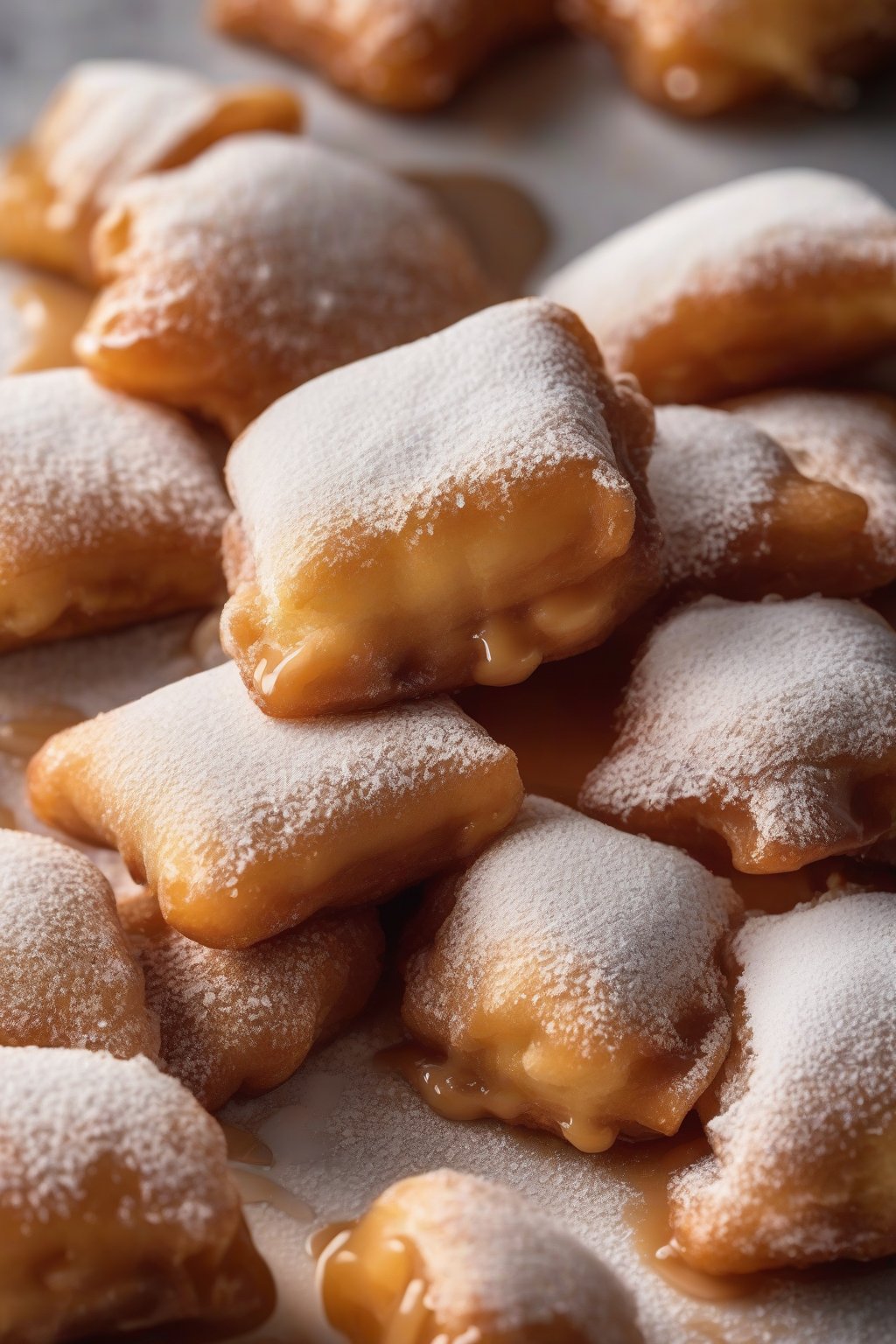 A high-resolution photo of salted caramel powdered beignets with glossy drips beneath sugar layer under soft lighting.