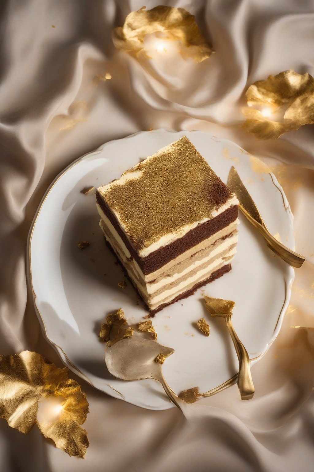 A high-resolution photo of a sliced velvet classic tiramisu garnished with edible gold leaf under soft lighting.