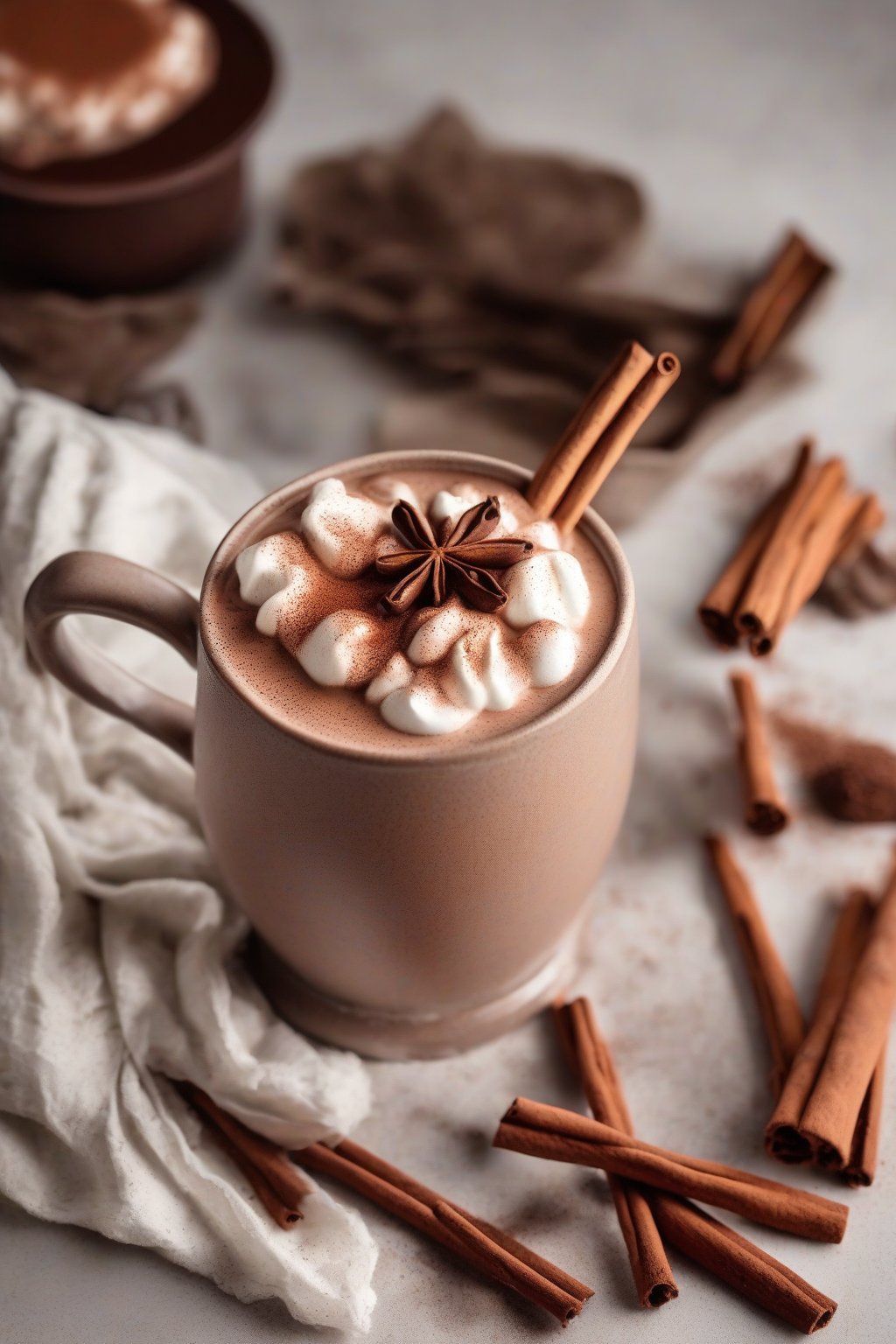 A high-resolution photo of frothy Mexican hot chocolate in a clay mug topped with cinnamon sticks under soft lighting.