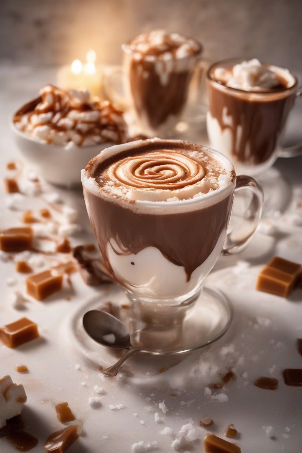 A high-resolution photo of salted caramel hot chocolate with a caramel swirl and salt flakes under soft lighting.