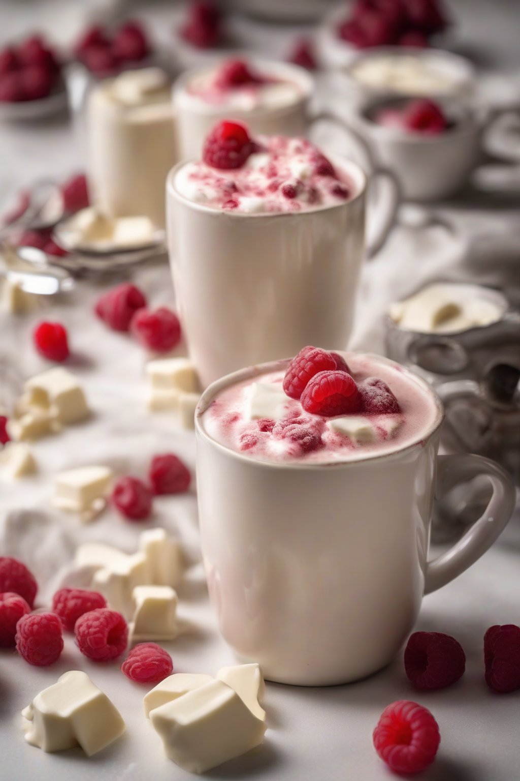 A high-resolution photo of white chocolate raspberry hot chocolate with fresh raspberries under soft lighting.