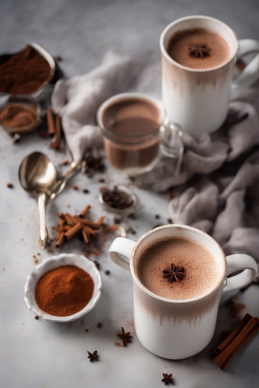 A high-resolution photo of spiced chai hot chocolate dusted with chai spices under soft lighting.