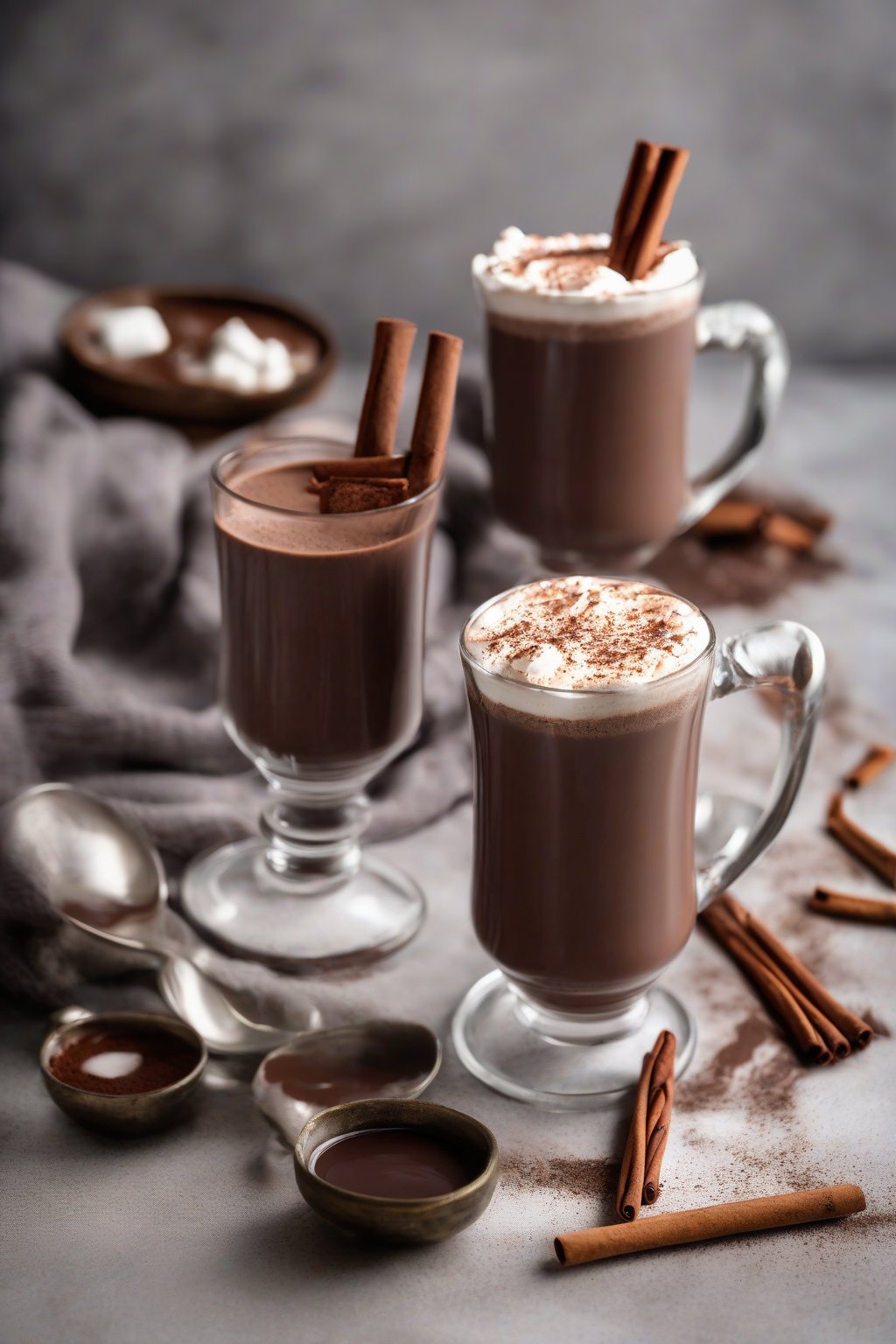 A high-resolution photo of bourbon hot chocolate with a cinnamon stick stirrer under soft lighting.
