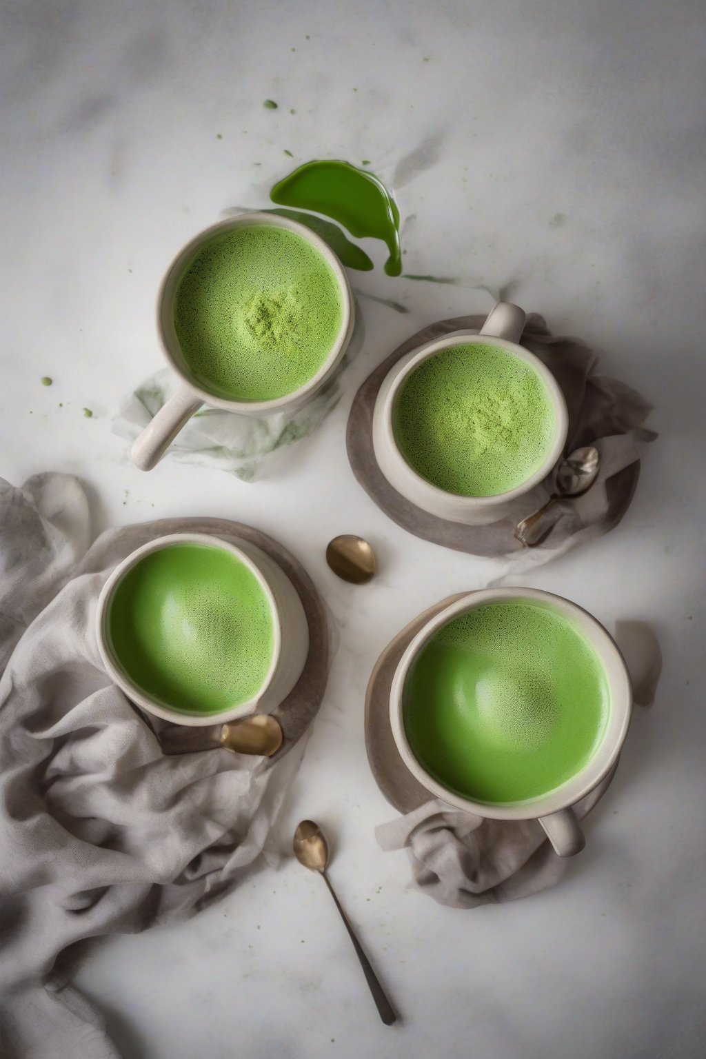 A high-resolution photo of vibrant green matcha hot chocolate topped with matcha dust under soft lighting.