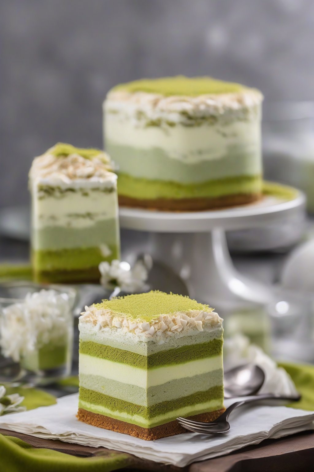 A high-resolution photo of layered matcha green tea tiramisu topped with white chocolate shavings under soft lighting.
