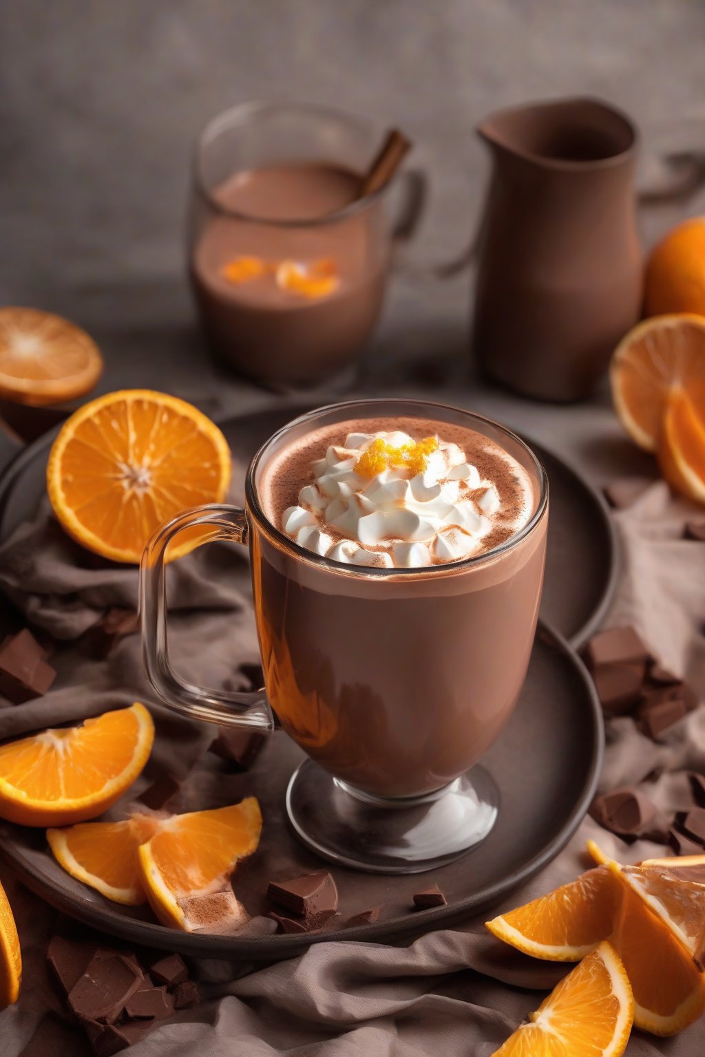 A high-resolution photo of orange hot chocolate garnished with orange slices under soft lighting.