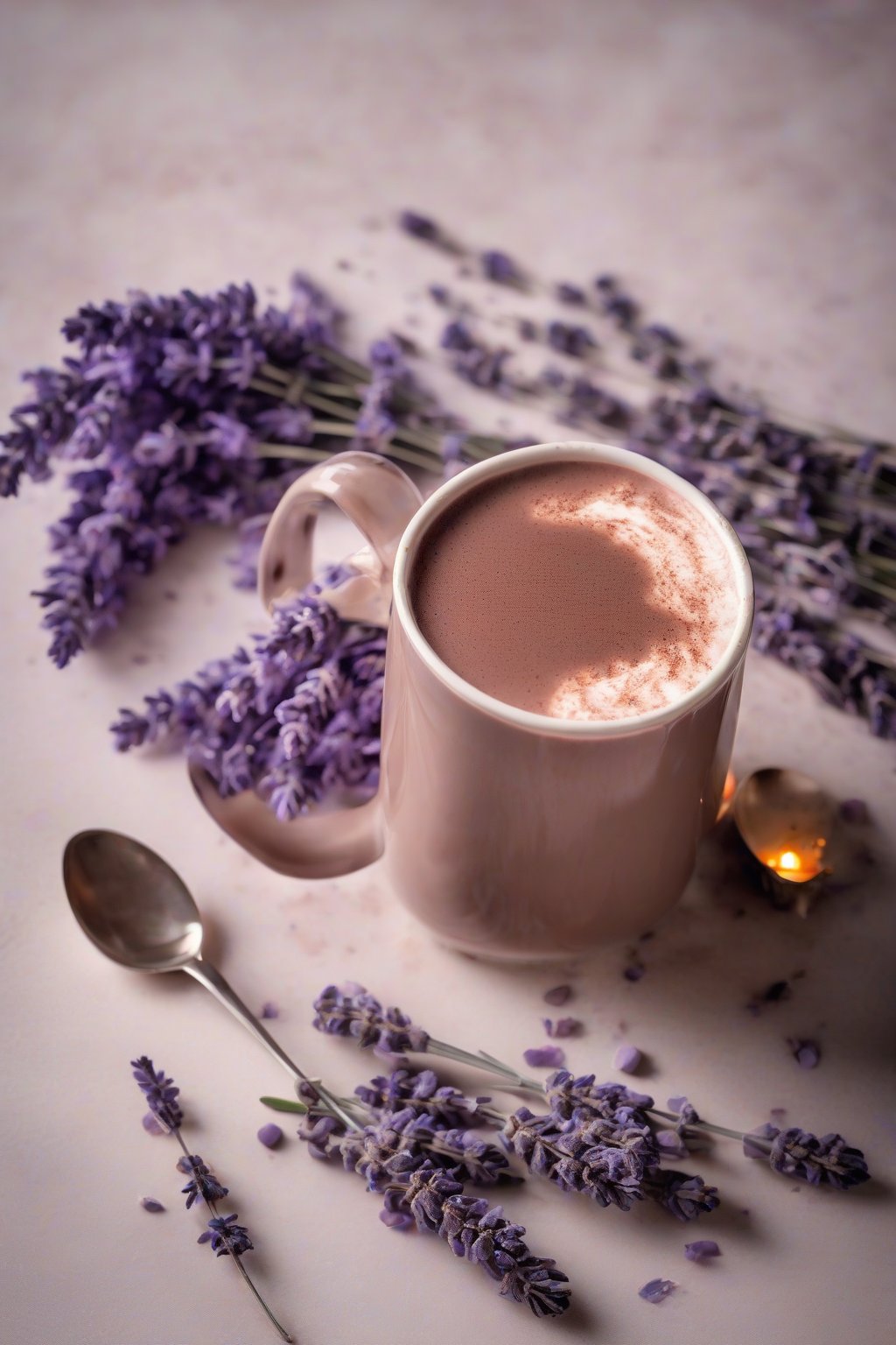 A high-resolution photo of lavender hot chocolate with lavender sprigs under soft lighting.