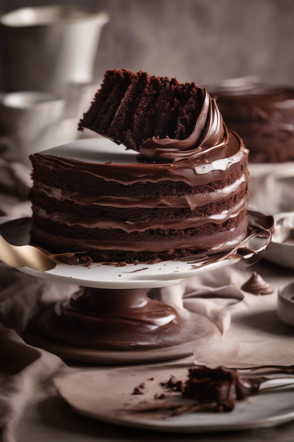 A high-resolution photo of a sliced fudgy chocolate cake revealing dense, moist layers under soft lighting.