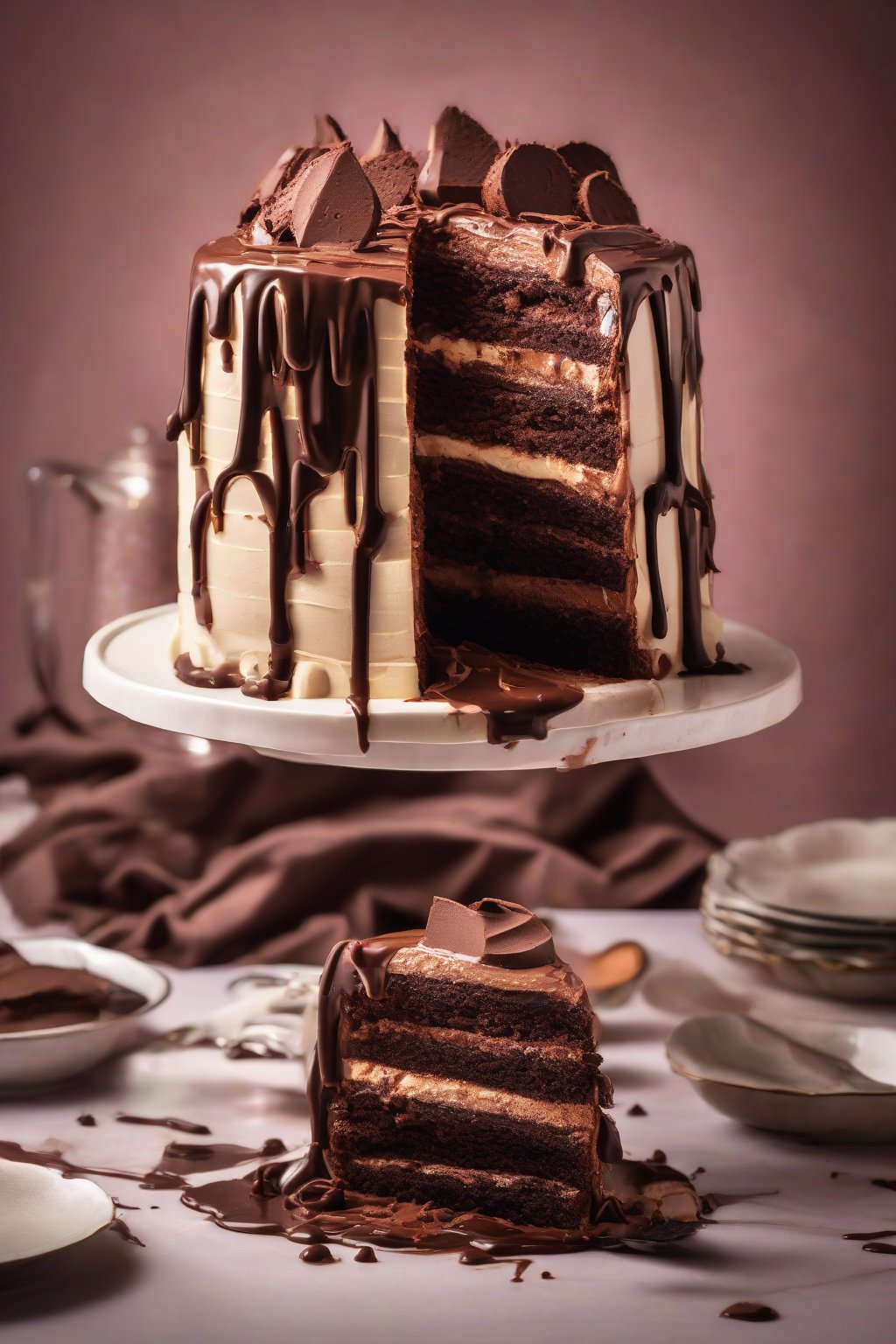 A high-resolution photo of a towering triple chocolate layer cake dripping with ganache under soft lighting.