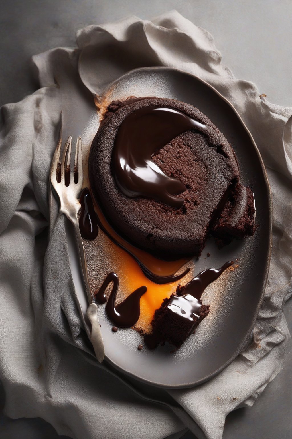 A high-resolution photo of a molten lava chocolate cake with flowing center under soft lighting.