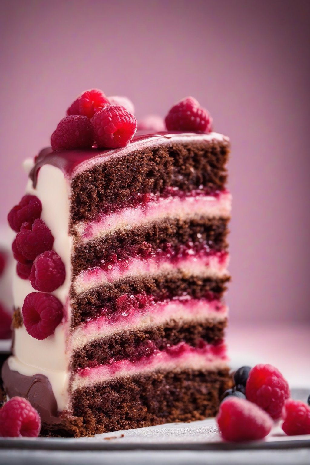 A high-resolution photo of chocolate raspberry cake slice with berry filling under soft lighting.