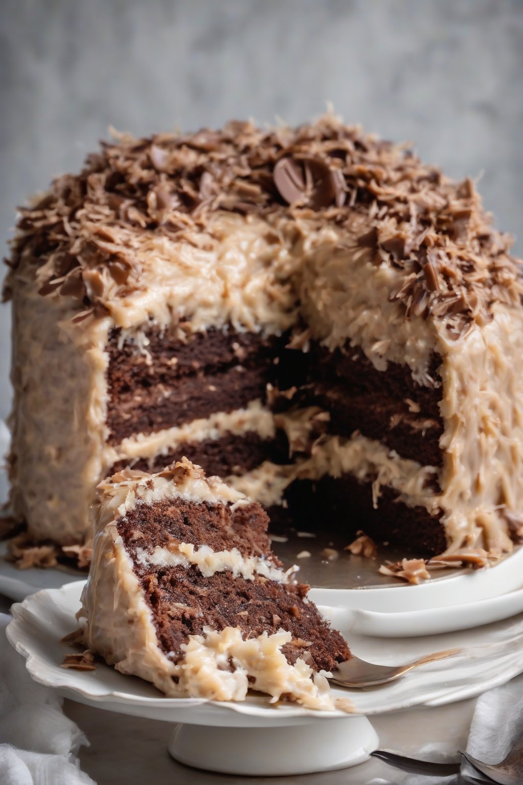 A high-resolution photo of German chocolate cake with gooey coconut frosting under soft lighting.